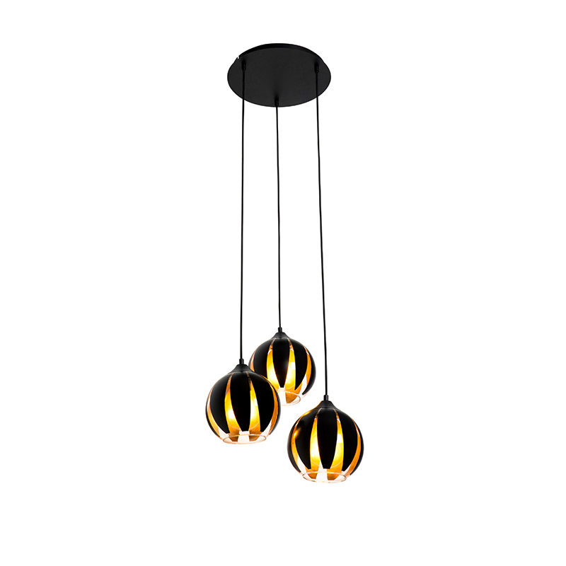 Designová závěsná lampa černá se zlatými 3 světly - Melone