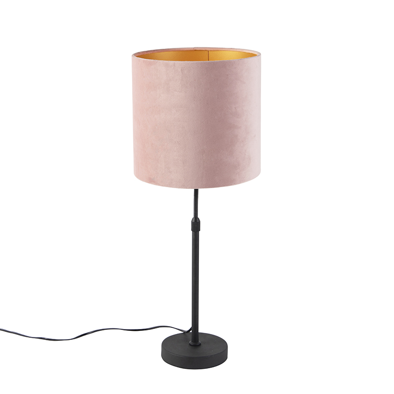 Stolní lampa černá s velurovým odstínem růžová se zlatem 25 cm - Parte