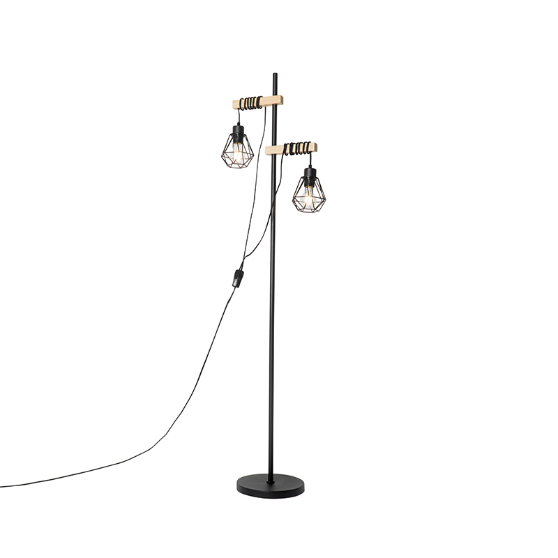 Venkovská stojací lampa černá se dřevem 2-světlo - Chon