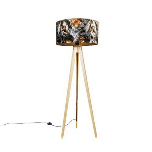 Vloerlamp tripod naturel met kap bloemen 50 cm - Tripod Classic