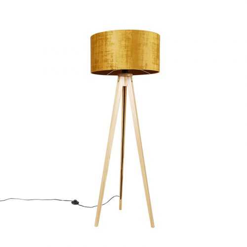 Vloerlamp tripod naturel met kap goud 50 cm - Tripod Classic
