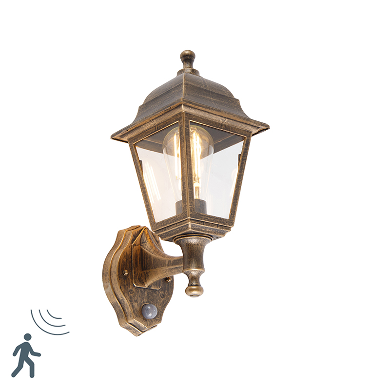 Starožitná nástěnná lampa zlatá IP44 s detektorem pohybu - Capital