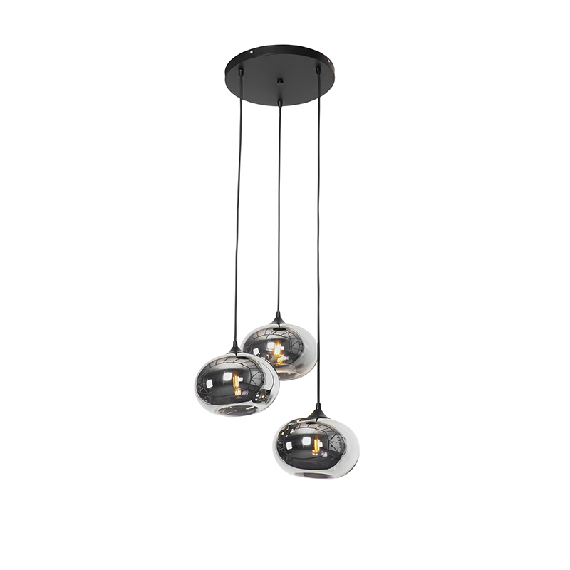 Art deco hanglamp zwart met smoke glas rond 3-lichts - Busa