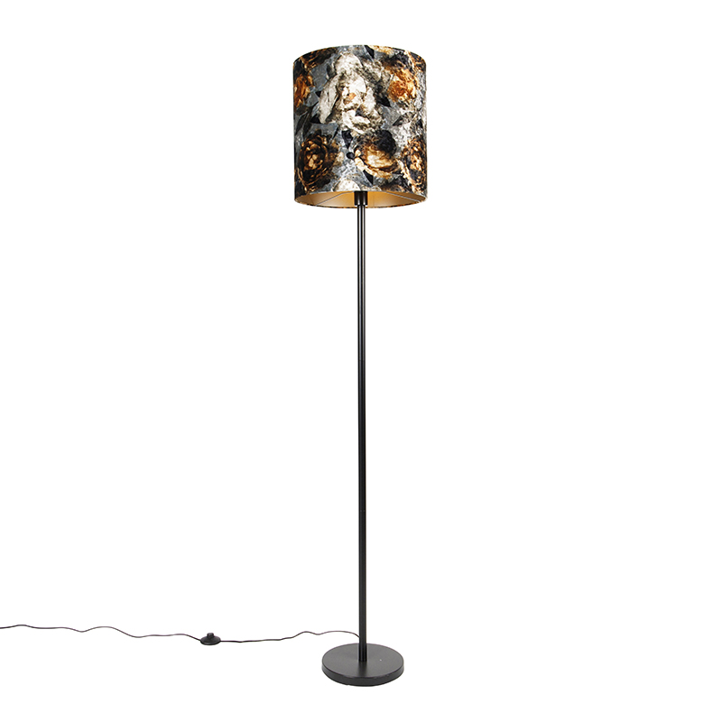 Klassieke vloerlamp zwart met kap bloemen dessin 40 cm - Simplo