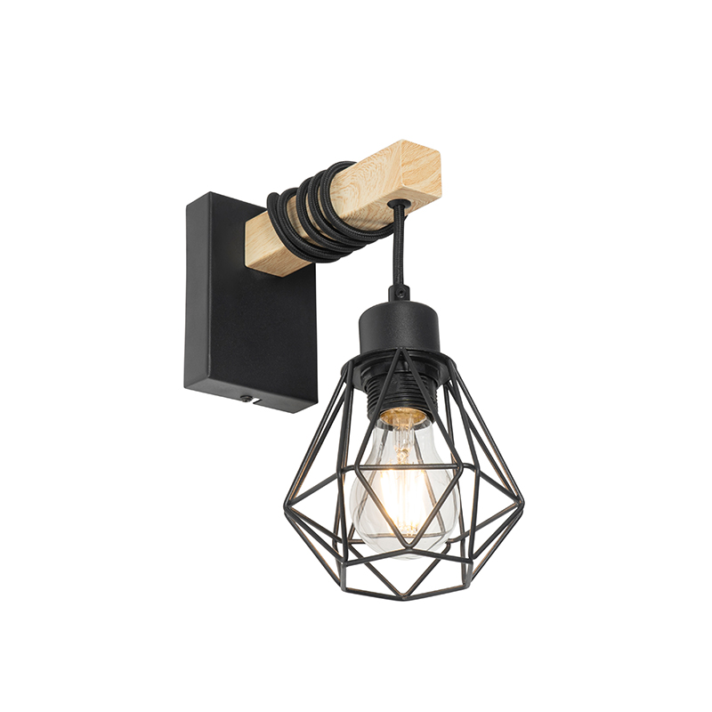Venkovská nástěnná lampa černá se dřevem - Chon