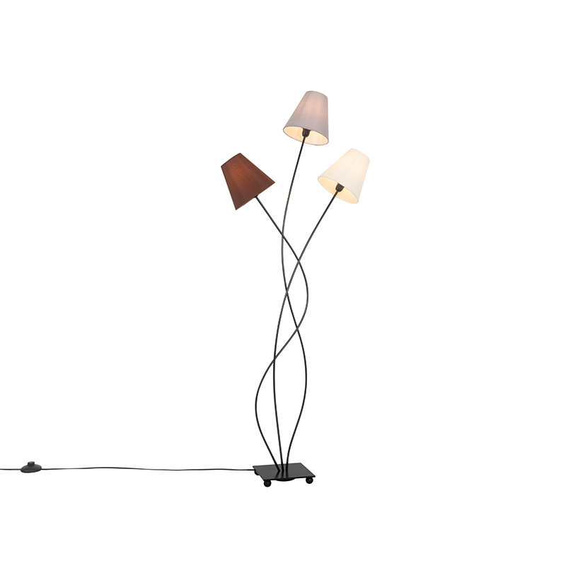 Designová stojací lampa černá s látkovými odstíny 3-light - Melis