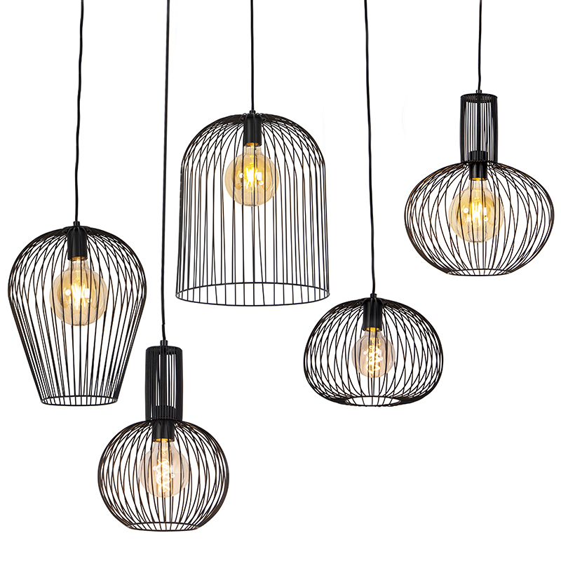 Set of 5 design hanging lamps black - Wires