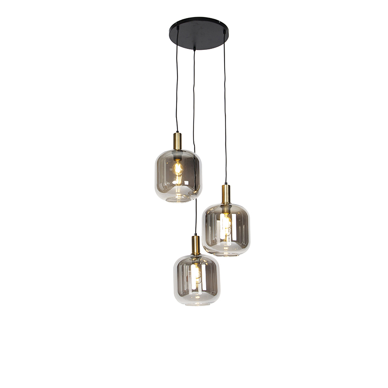 Design hanglamp zwart met goud met smoke glas 3-lichts - Qara