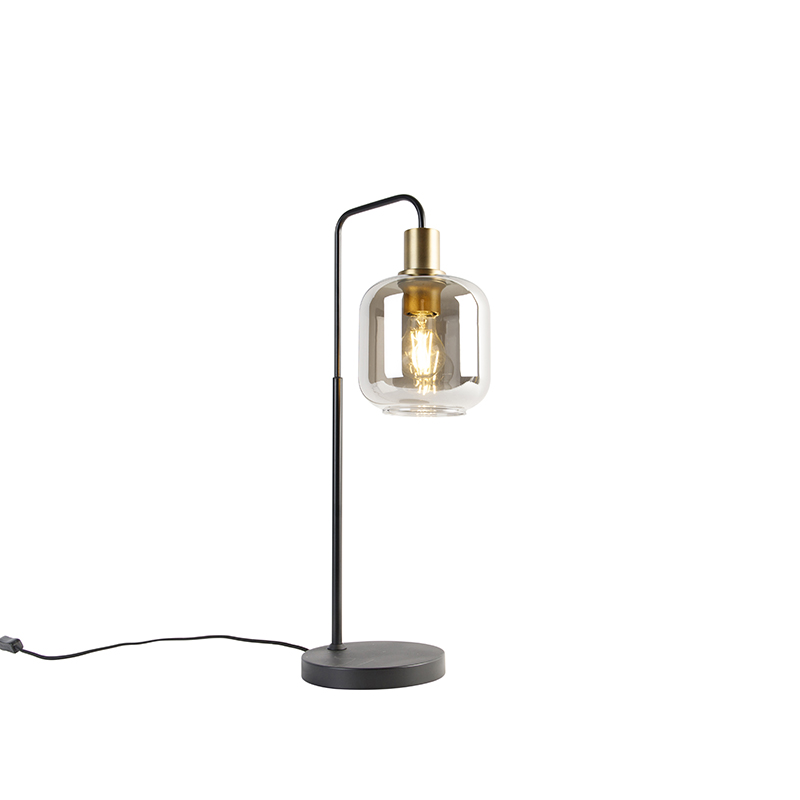 Design tafellamp zwart met goud met smoke glas - Qara