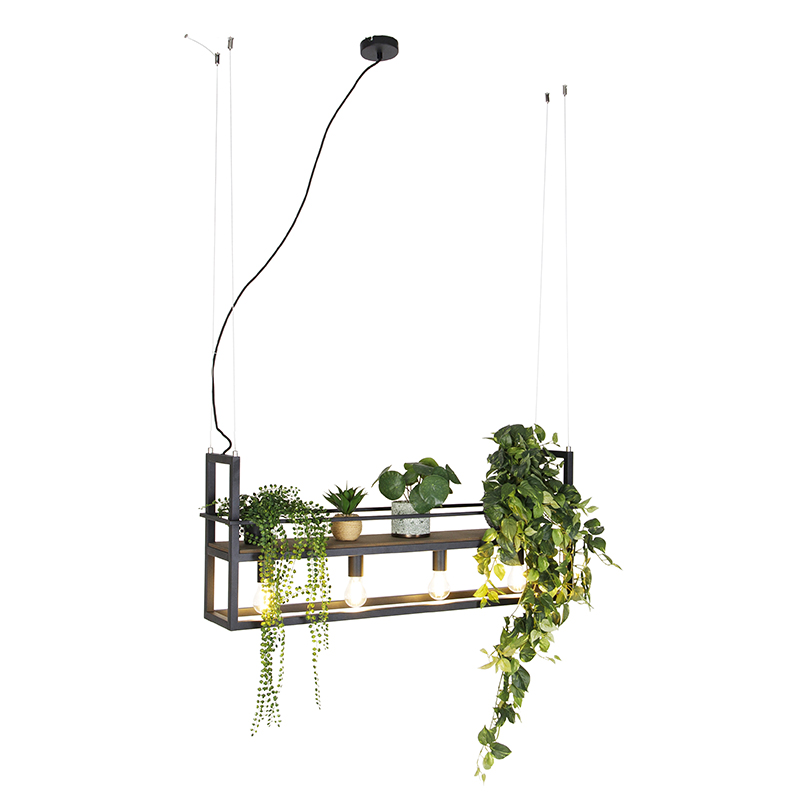 Industriële hanglamp zwart met hout en rek 4-lichts - Cage Rack