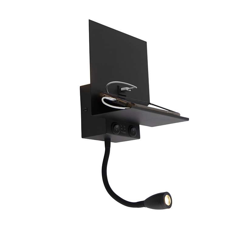 Moderní nástěnná lampa černá s USB a flexarmem - Flero