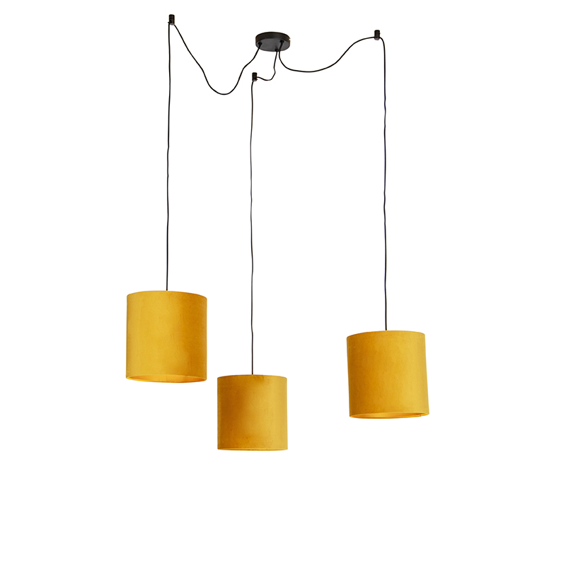Závěsná lampa se 3 sametovými odstíny žluté se zlatou - Cava