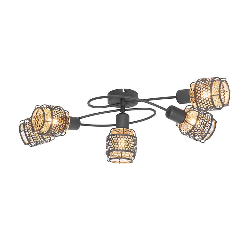 Design plafondlamp zwart met goud 5-lichts - Noud