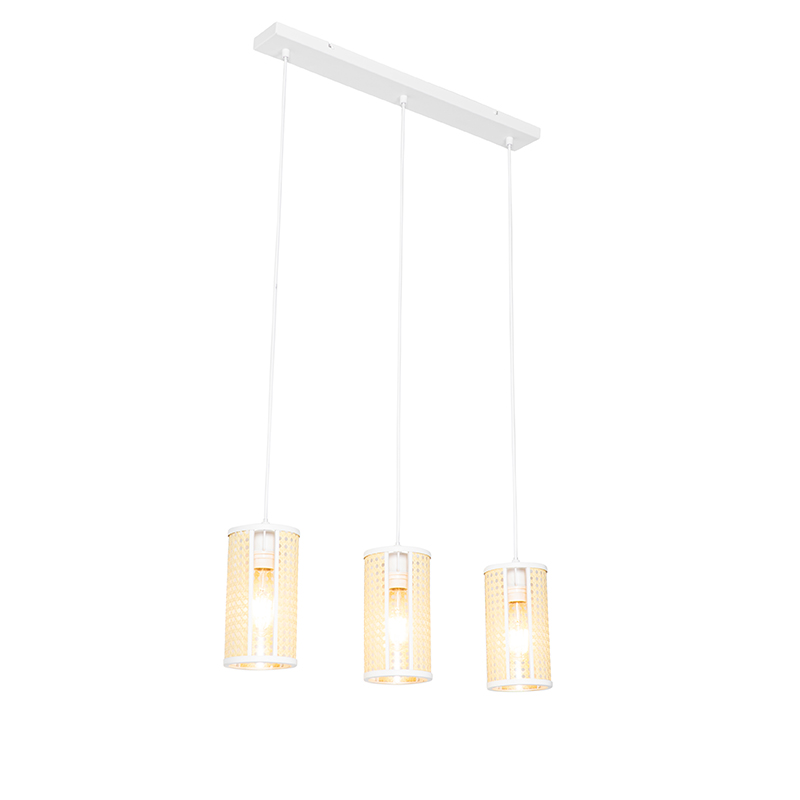 Oosterse hanglamp wit met rotan 3-lichts langwerpig - Akira