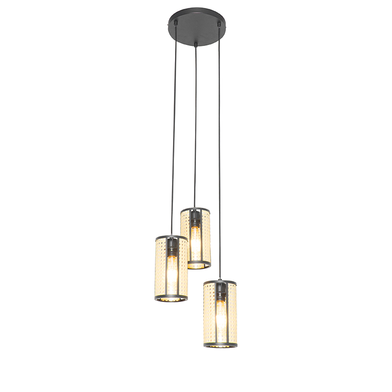 Oosterse hanglamp zwart met rotan 3-lichts rond - Akira