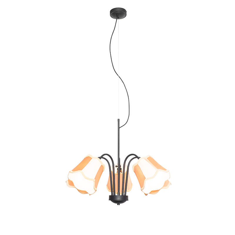 Klassieke hanglamp zwart met gele lampenkap 5-lichts - Nona