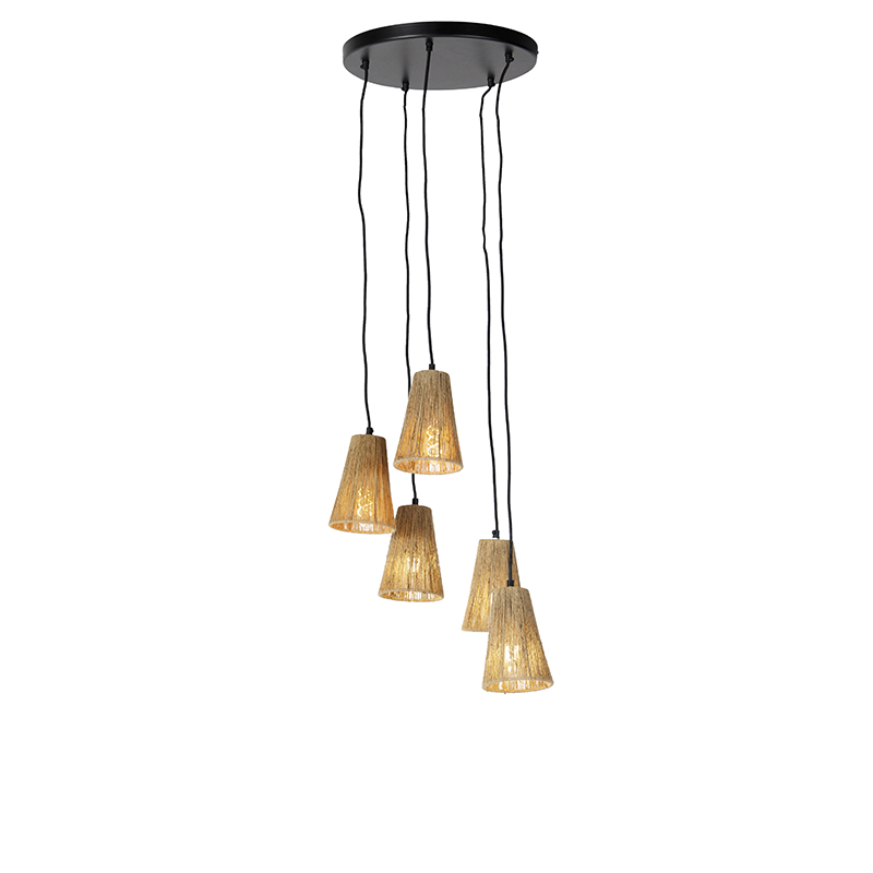 Landelijke hanglamp zwart met touw 5-lichts - Marrit