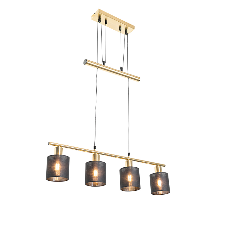 Moderne hanglamp messing met kap zwart 4-lichts - Merwe