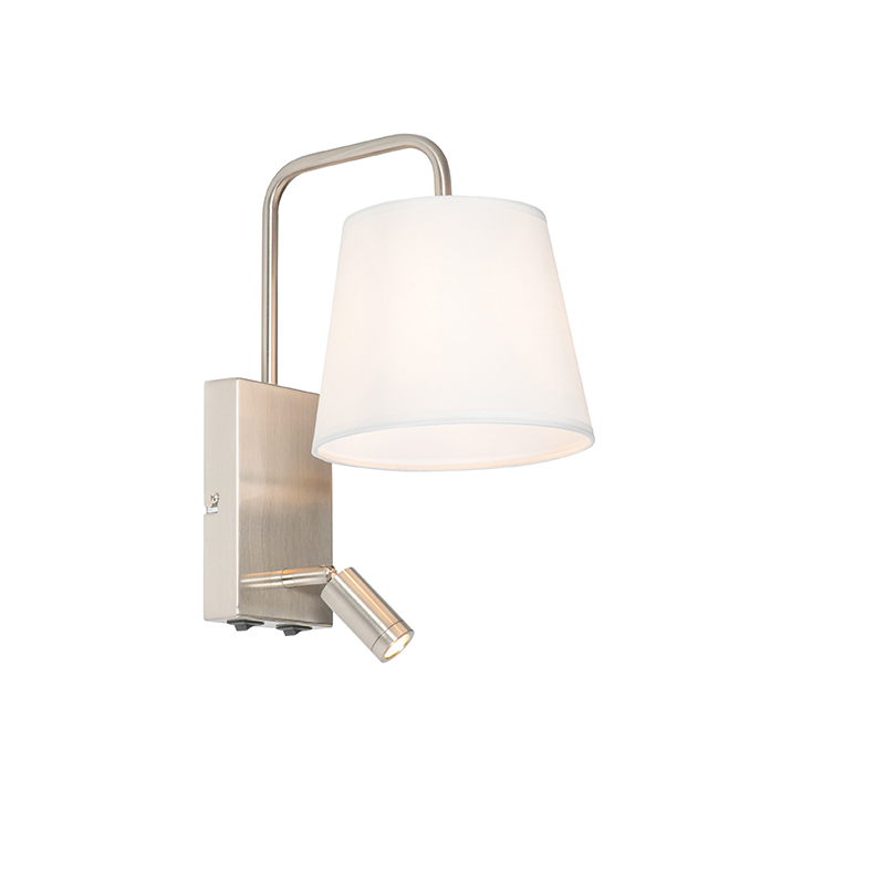 Moderne wandlamp wit en staal met leeslamp - Renier