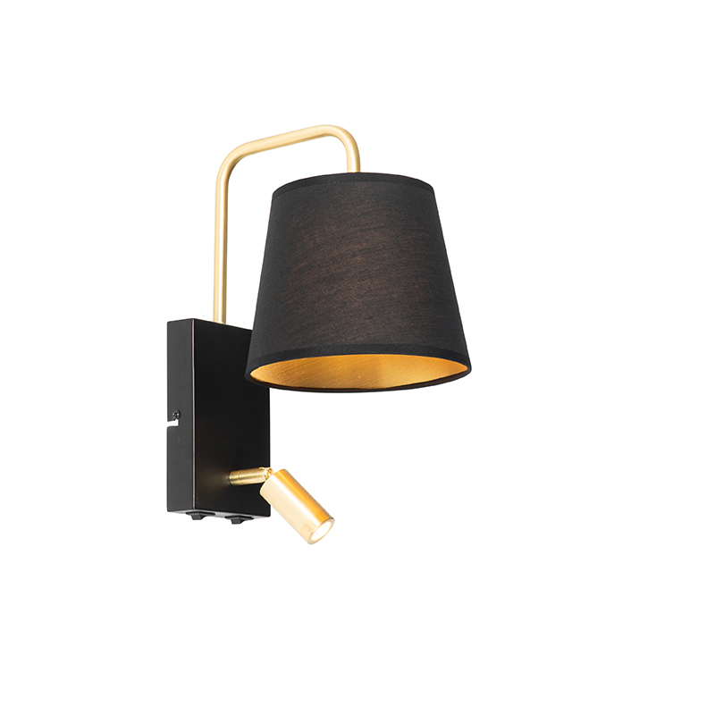 Moderne wandlamp zwart en goud met leeslamp - Renier