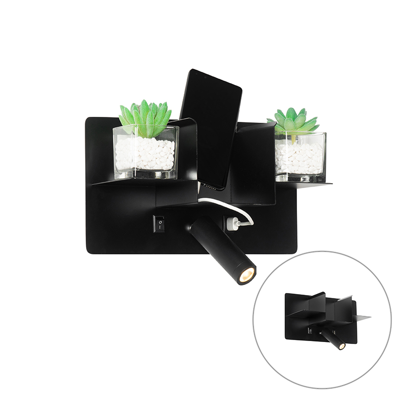 Moderne wandlamp zwart incl. LED met USB - Thijs