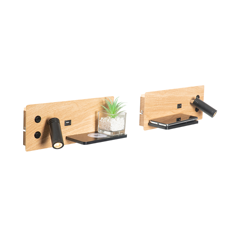 Set van 2 wandlamp zwart met hout incl. LED met USB en inductielader - Riza