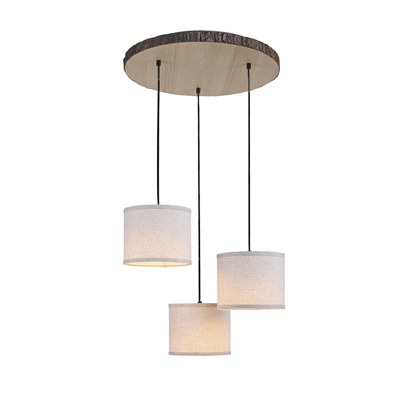 Landelijke hanglamp hout met witte kap rond 3-lichts - Oriana