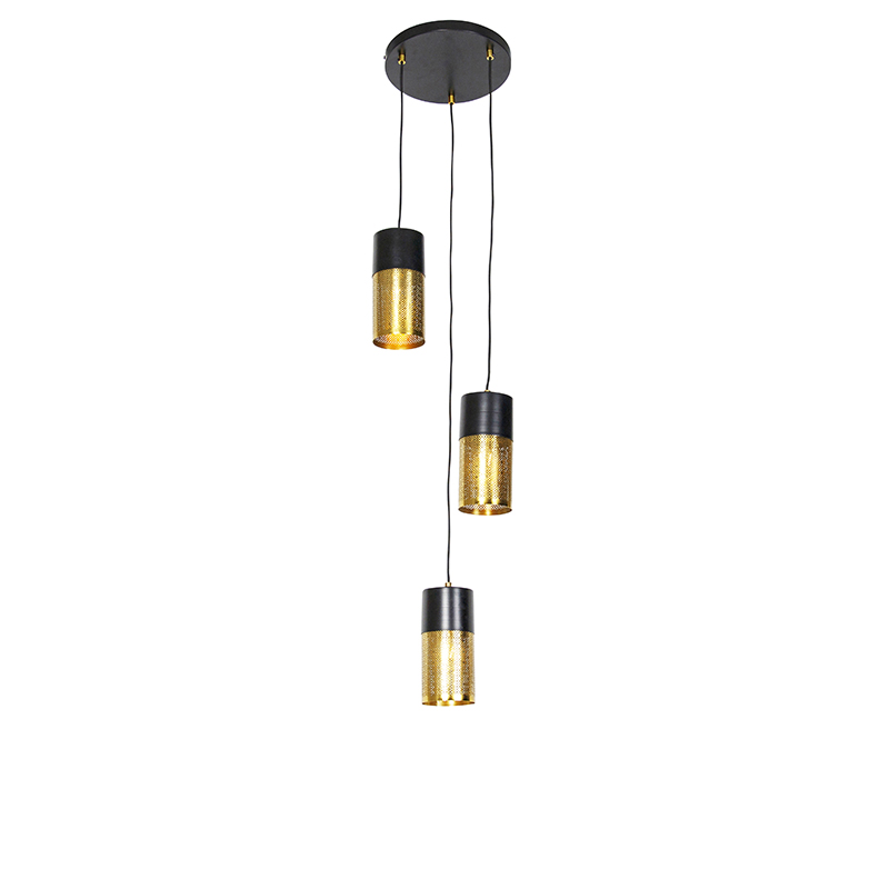 Industriële hanglamp zwart met goud rond 3-lichts - Raspi