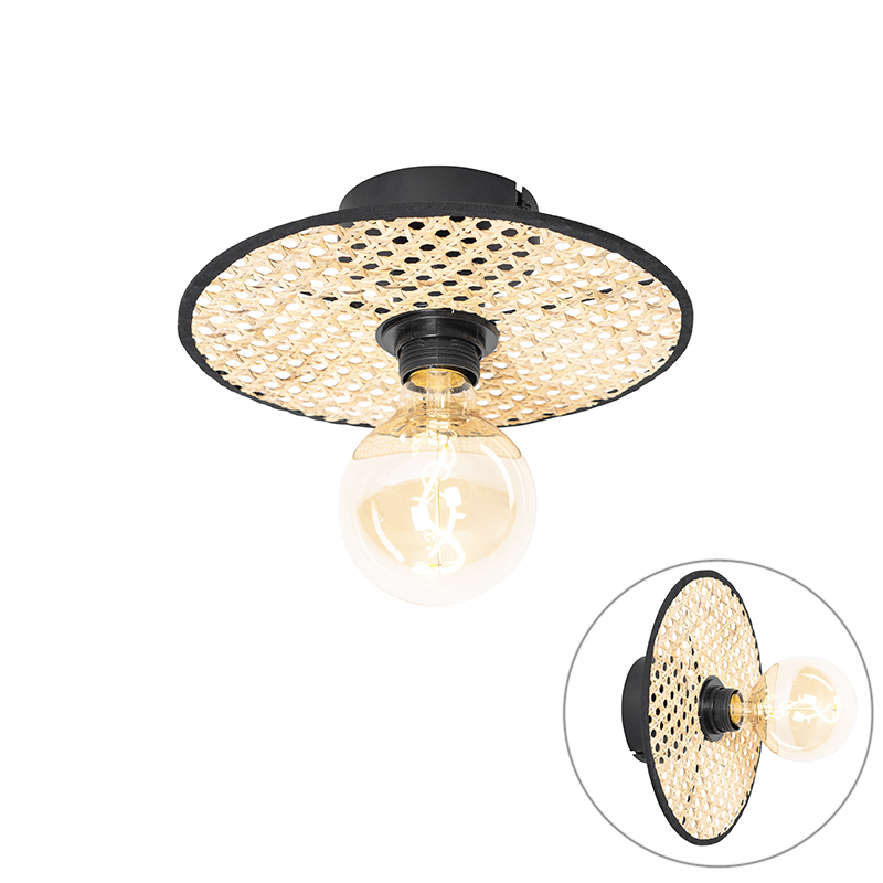 Landelijke plafond en wandlamp zwart met rotan 25 cm - Kata