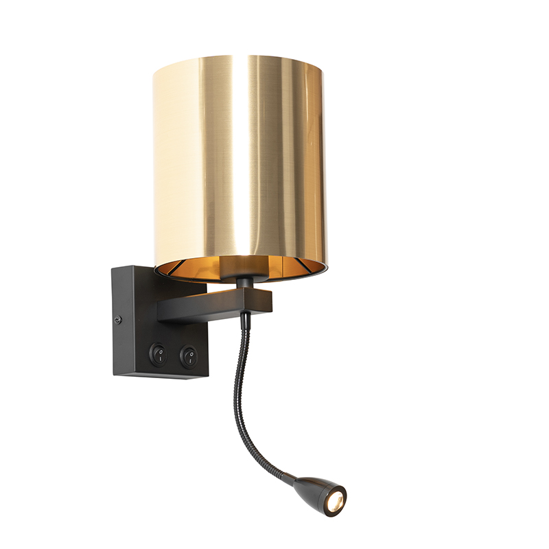 Wandlamp zwart met flexarm en kap goud 15 cm - Brescia