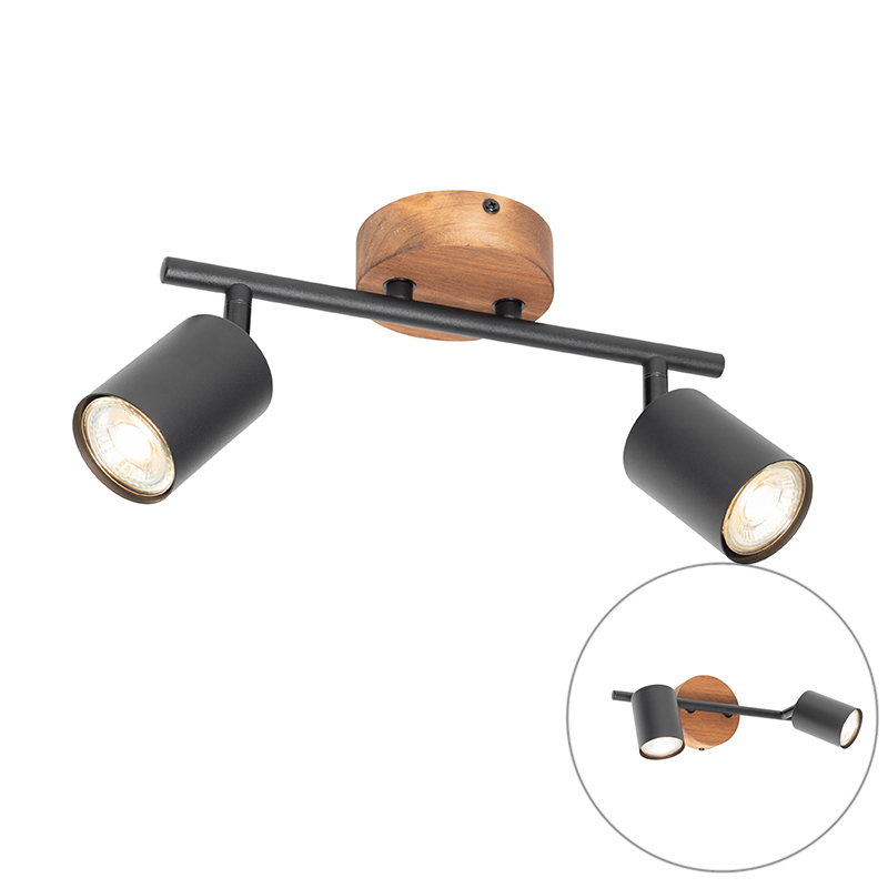 Industriële spot zwart met hout kantelbaar 2-lichts - Jeana
