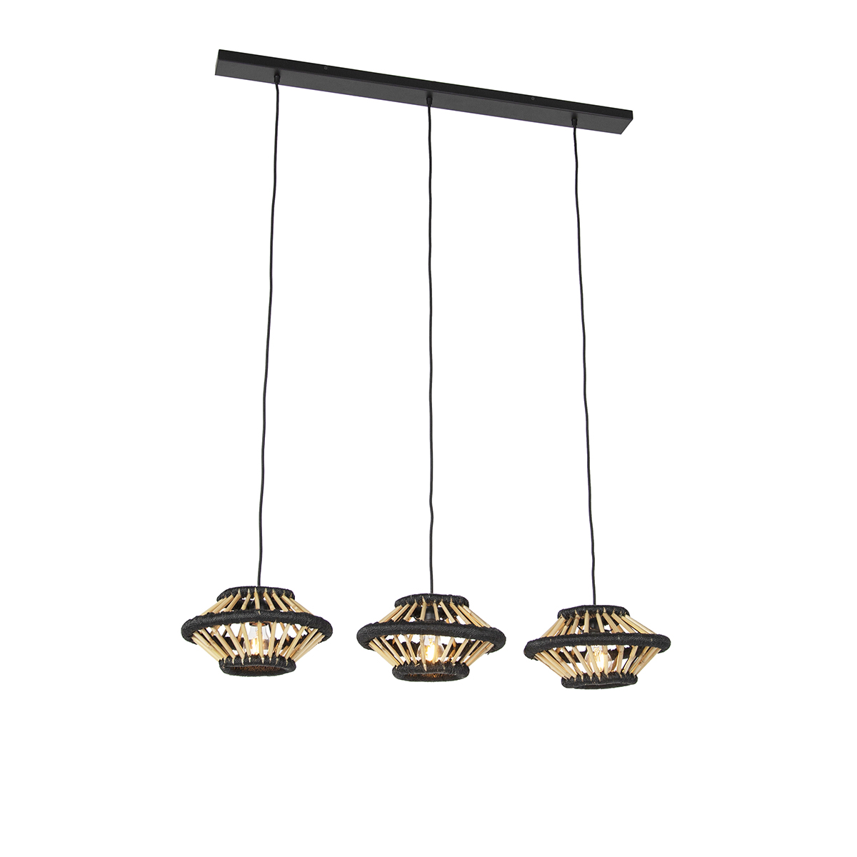 Oosterse hanglamp bamboe met zwart langwerpig 3-lichts - Evalin