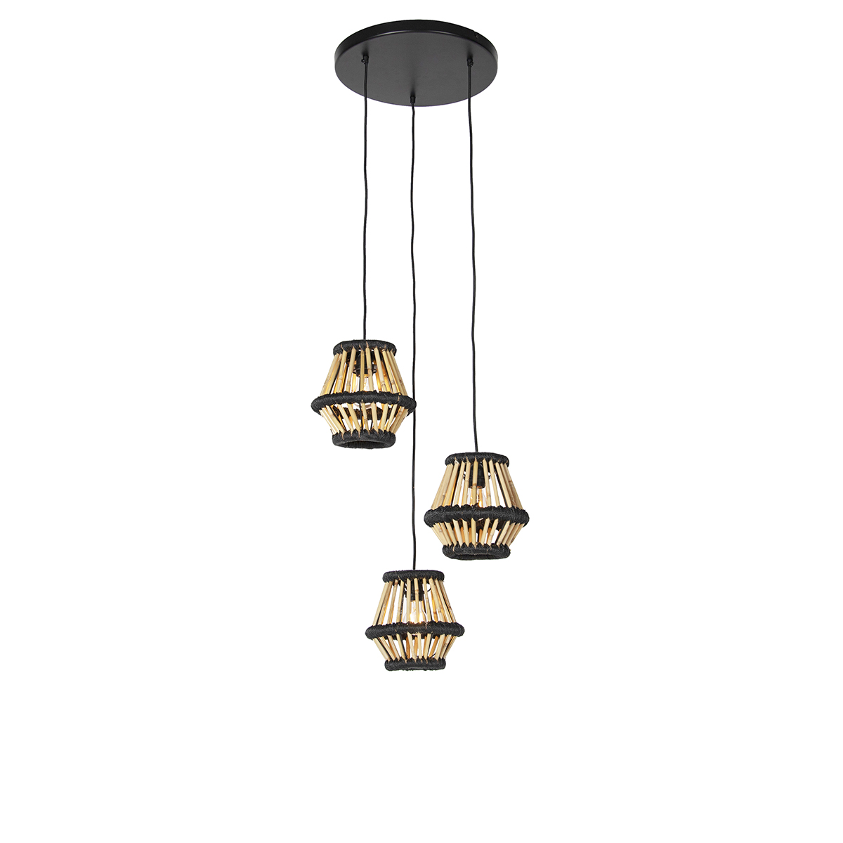 Oosterse hanglamp bamboe met zwart rond 3-lichts - Evalin