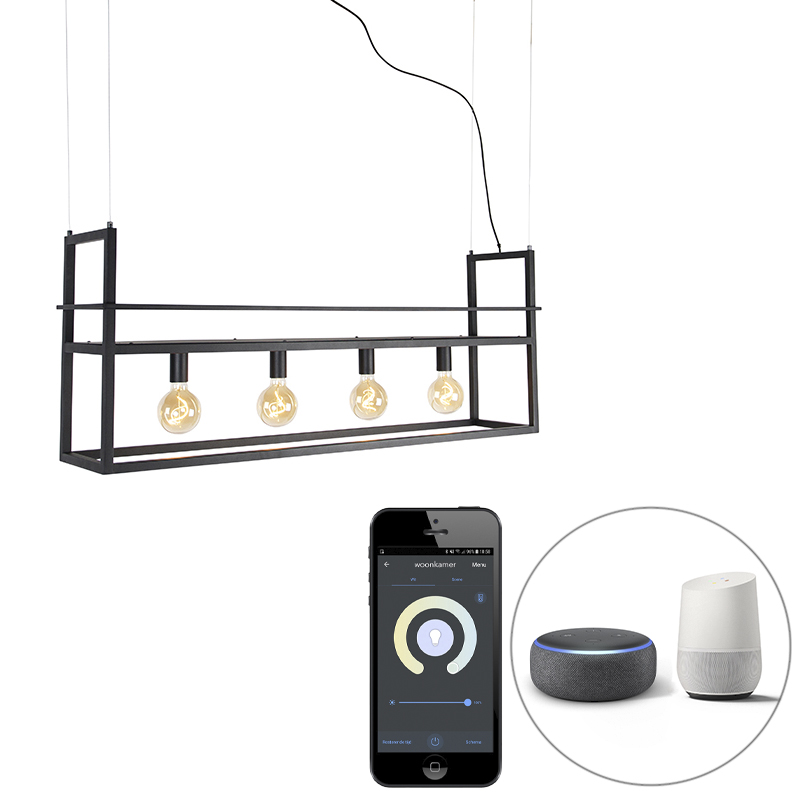 Smart hanglamp zwart met rek large 4-lichts incl. Wifi G95 - Cage Rack
