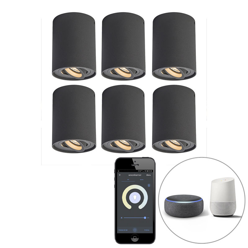 Set van 6 spots smart antraciet incl. Wifi GU10 - Rondoo up