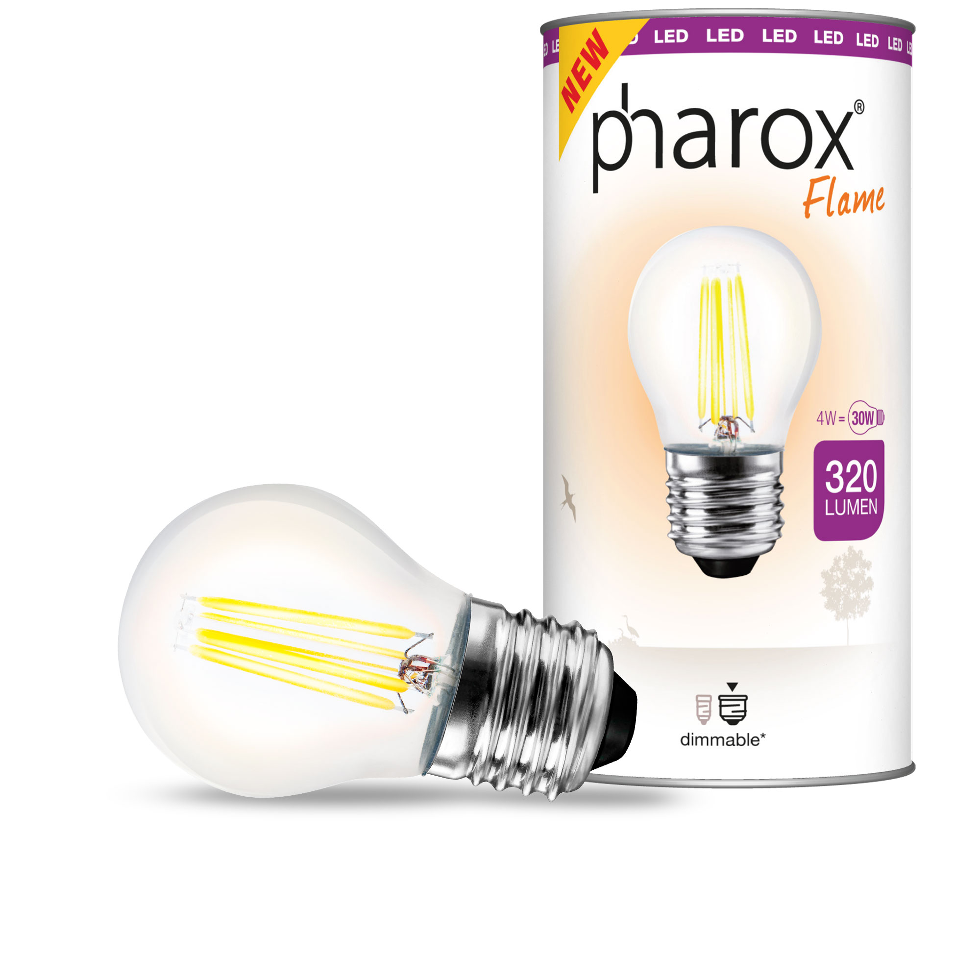 LED kuličková lampa Pharox čirý plamen E27 4W 320 lumenů