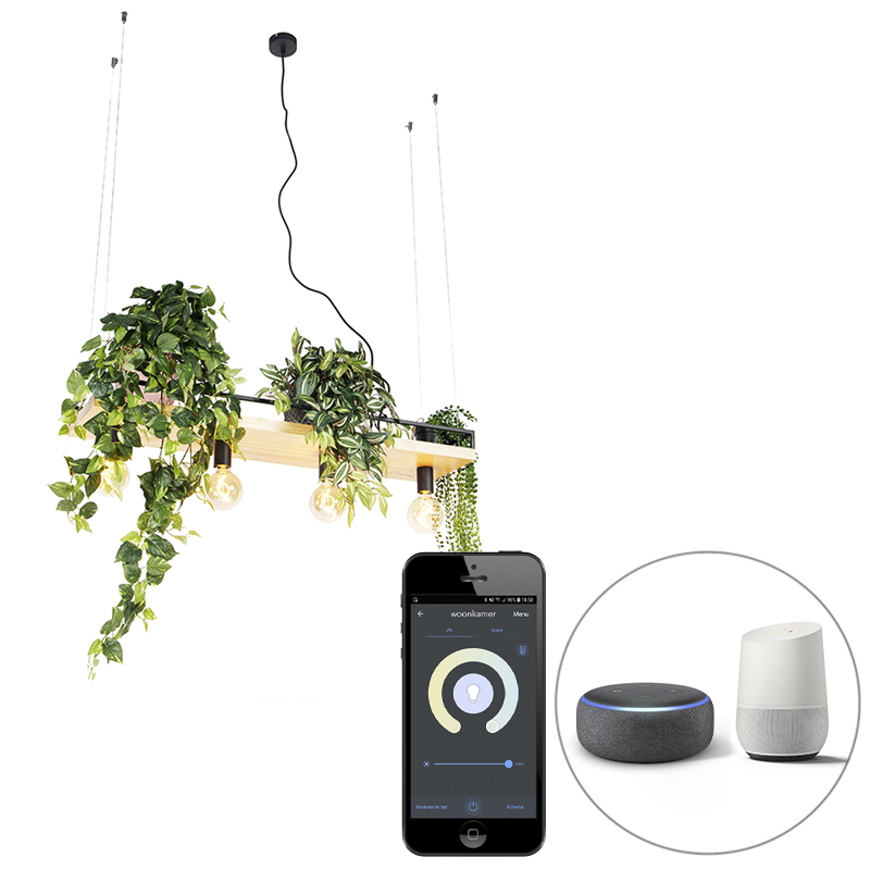 Smart hanglamp zwart met hout 4-lichts incl. Wifi G95 - Shelf