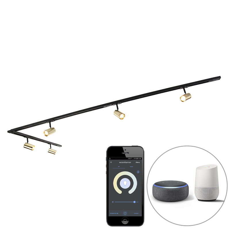 Smart railsysteem zwart met goud 1-fase 5-lichts incl. Wifi GU10- Jeana
