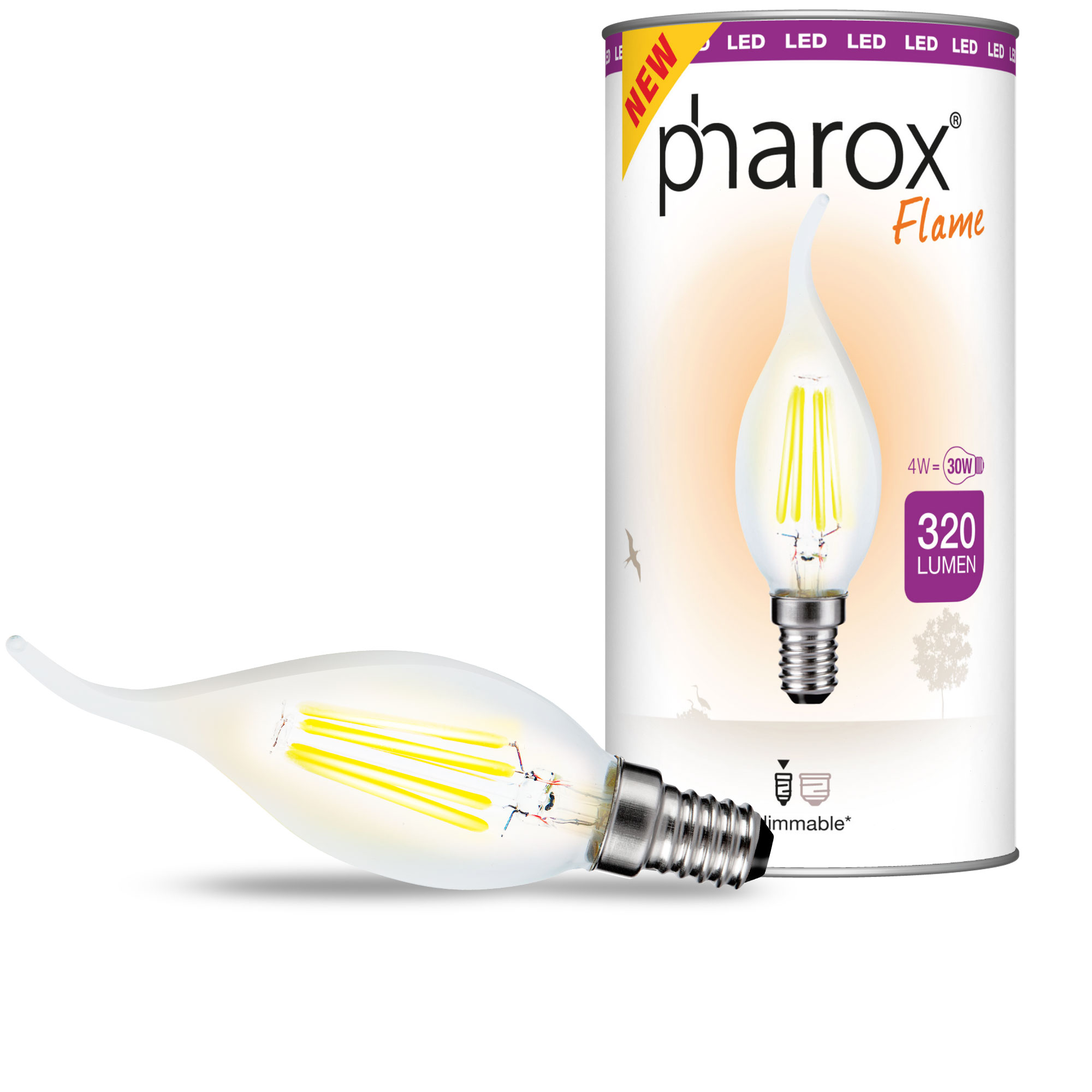 Svíčková lampa Pharox LED Tip čirý plamen E14 4W 320 lumenů