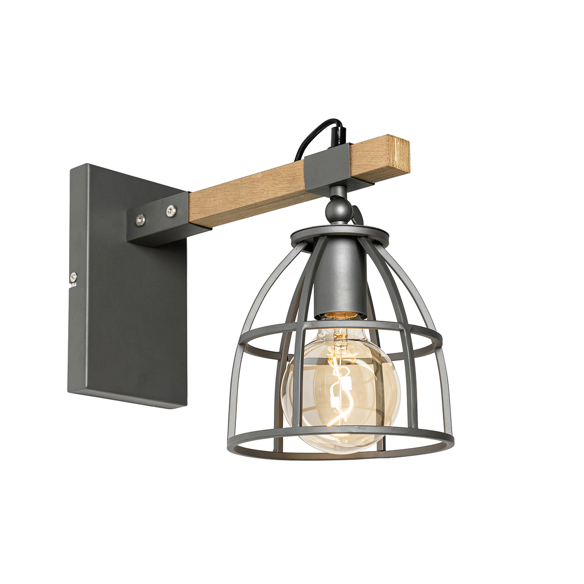 Industriële wandlamp zwart met hout verstelbaar - Arthur