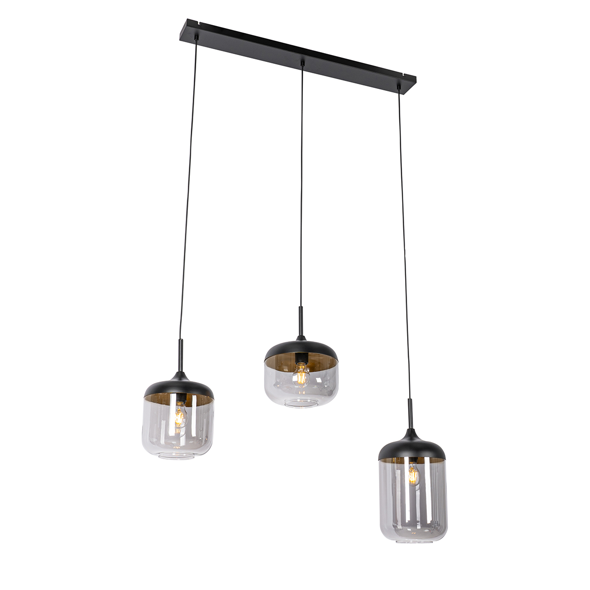 Design hanglamp zwart met goud en smoke glas 3-lichts - Kyan