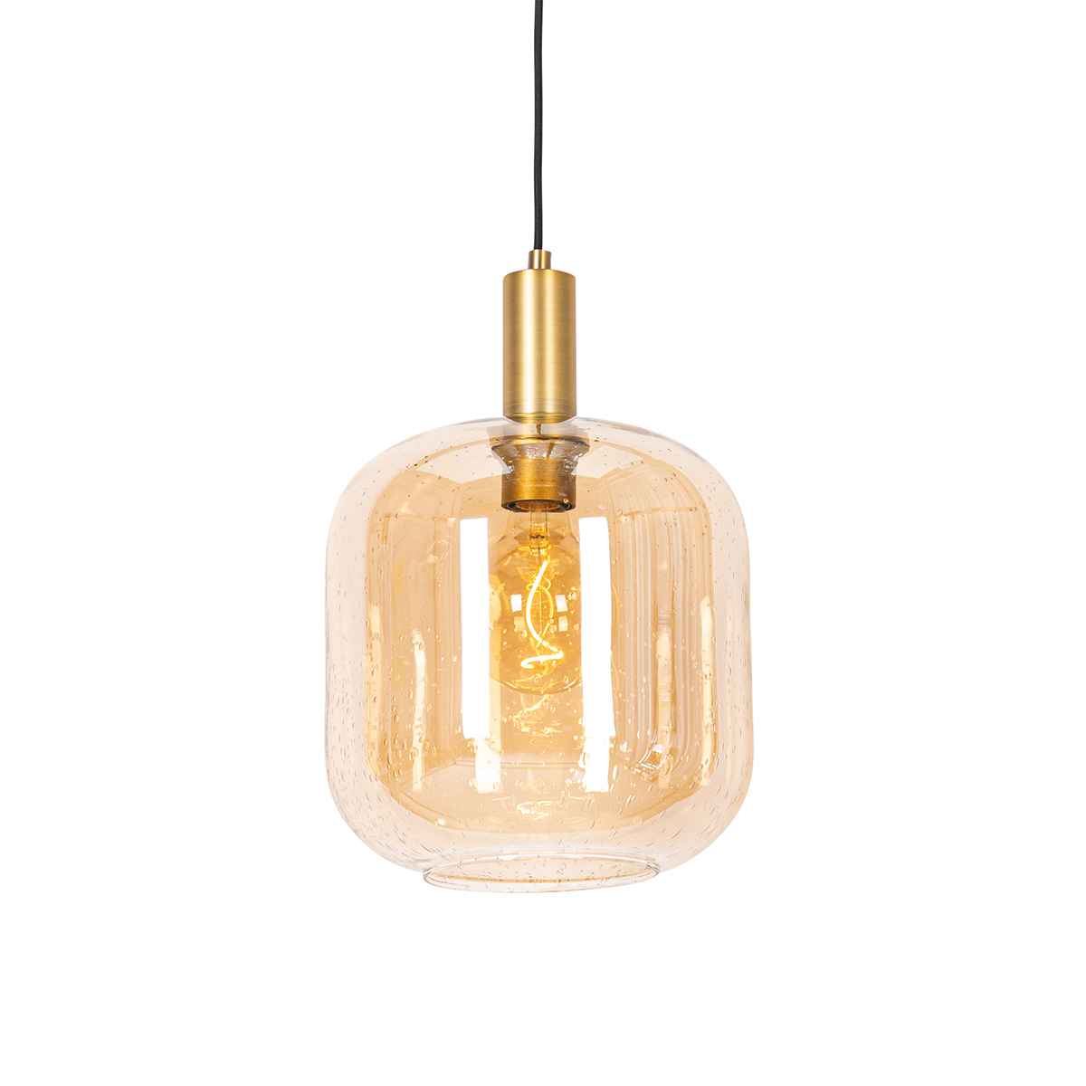 Design hanglamp zwart met messing en amber glas - Zuzanna