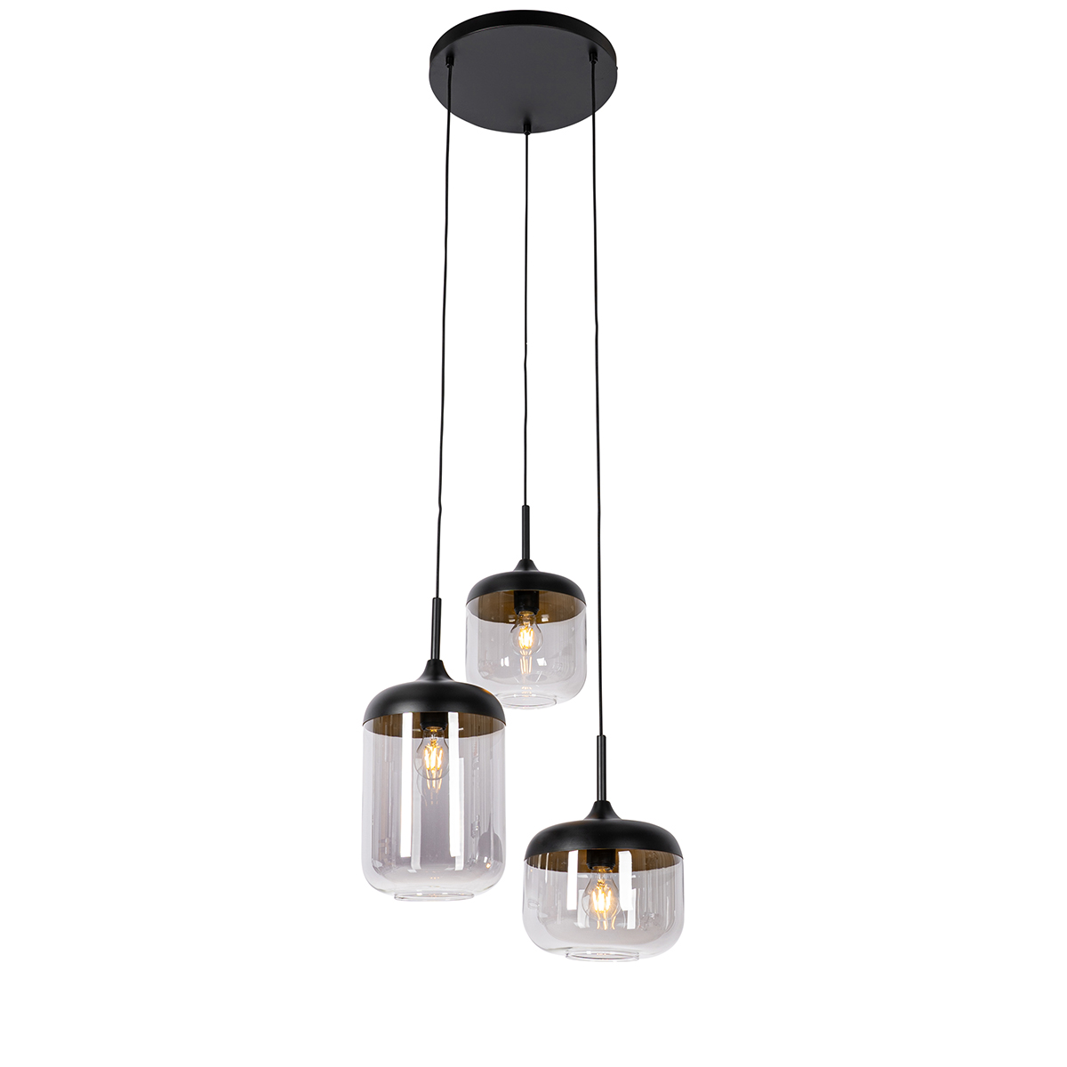 Hanglamp zwart met goud en smoke glas 3-lichts rond - Kyan