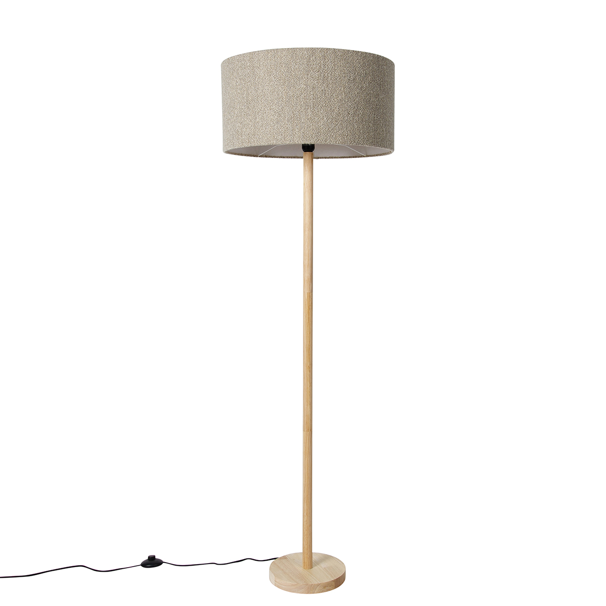 Landelijke vloerlamp hout met boucle kap taupe - Mels