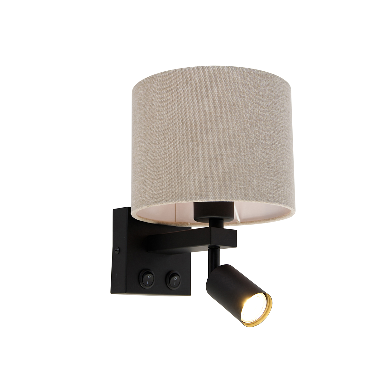 Wandlamp zwart met leeslamp en kap 18 cm lichtbruin - Brescia