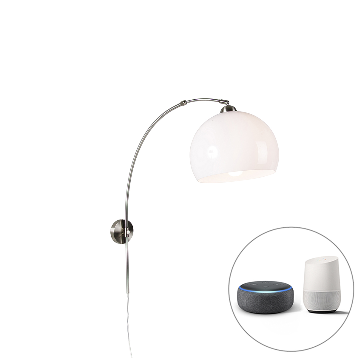 Smart wandbooglamp staal met witte kap incl. Wifi A60 - Bow