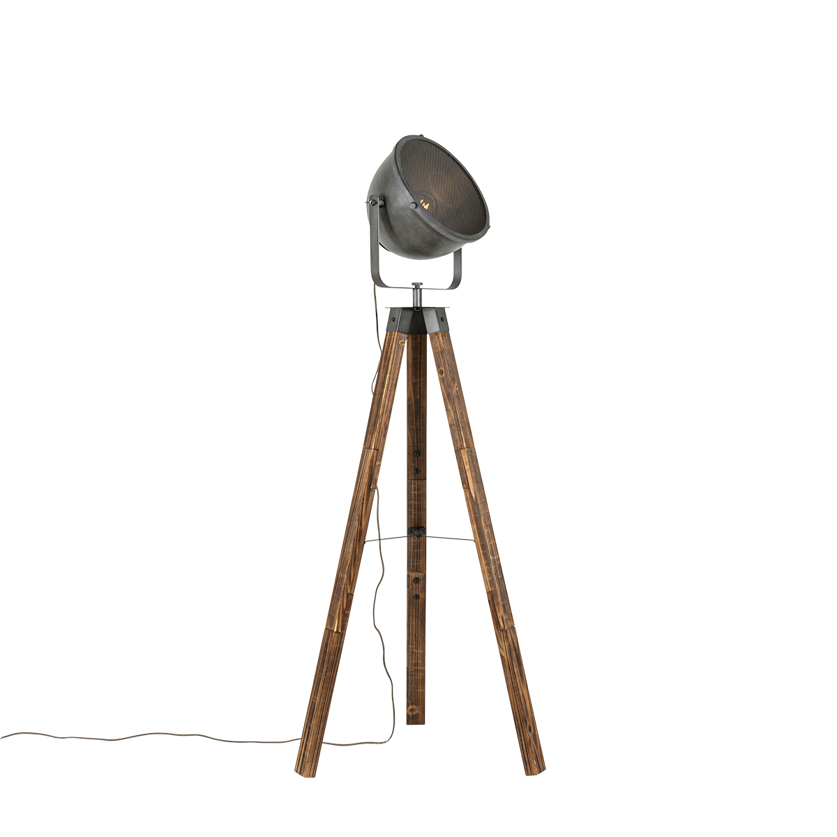 Industriële vloerlamp tripod staal met hout kantelbaar - Emado