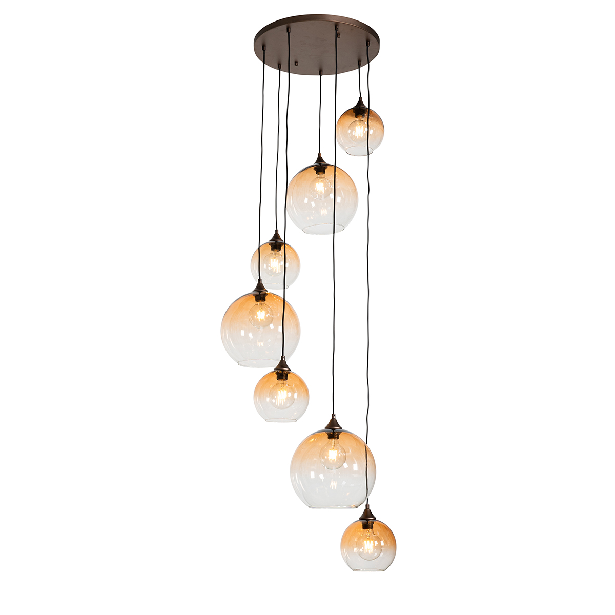 Hanglamp brons met amber glas rond 7-lichts - Sandra