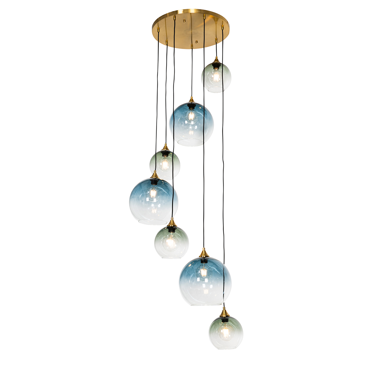 Hanglamp messing met blauw glas rond 7-lichts - Sandra