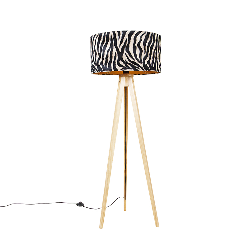 Stojací lampa dřevěná s látkovým stínidlem zebra 50 cm - stativ Classic